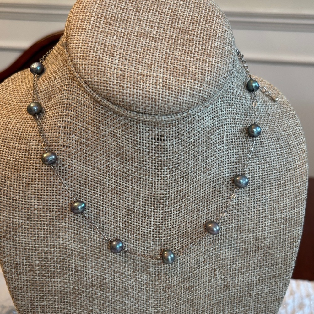 Elegant Sterling Silver Gray Pearl station  tin cup Necklace 925 Italy